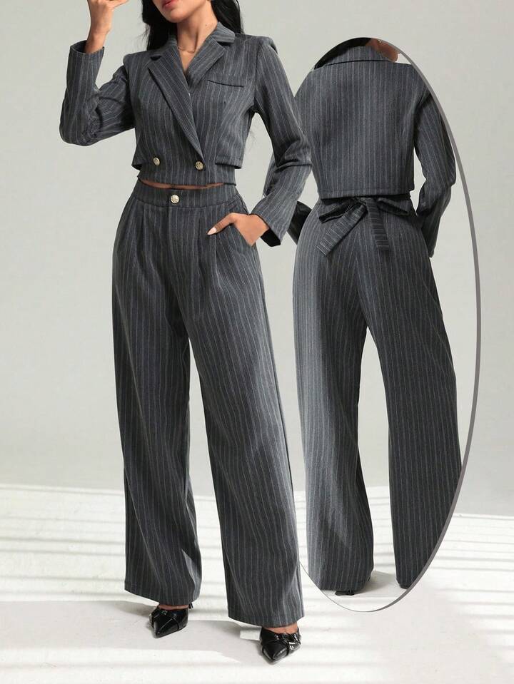 CM-SS215465 Women Elegant Seoul Style Striped Tie-Back Short Jacket With Wide-Leg Pants - Set