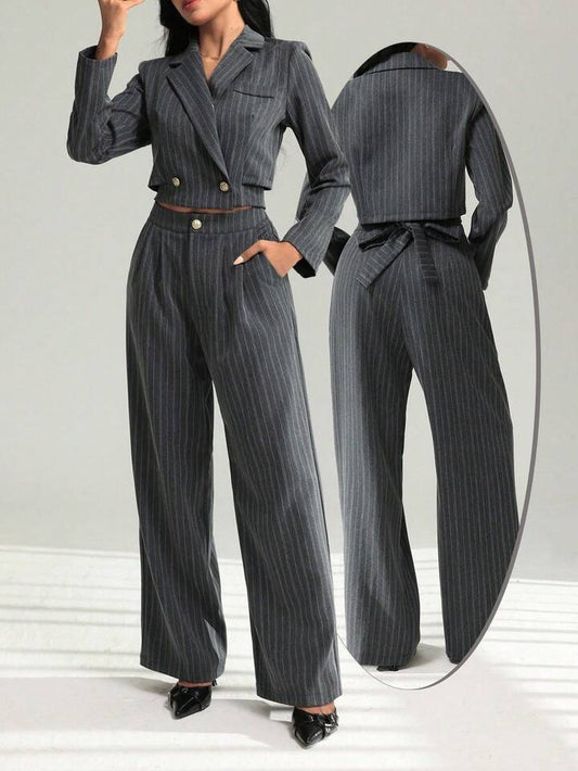 CM-SS215465 Women Elegant Seoul Style Striped Tie-Back Short Jacket With Wide-Leg Pants - Set