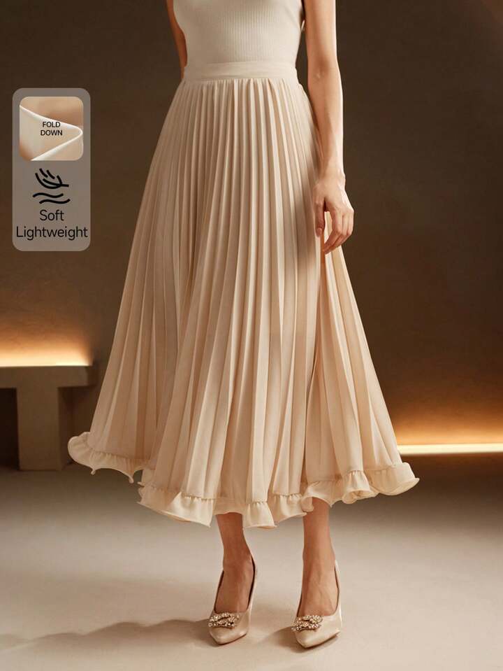CM-BS741398 Women Elegant Seoul Style Pleated Woven Ruffle Hem Long Skirt - Apricot