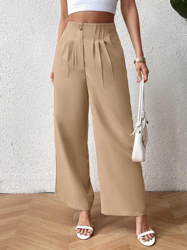 CM-BS009023 Women Casual Seoul Style Solid Color High Waist Pleated Wide Leg Pants - Khaki