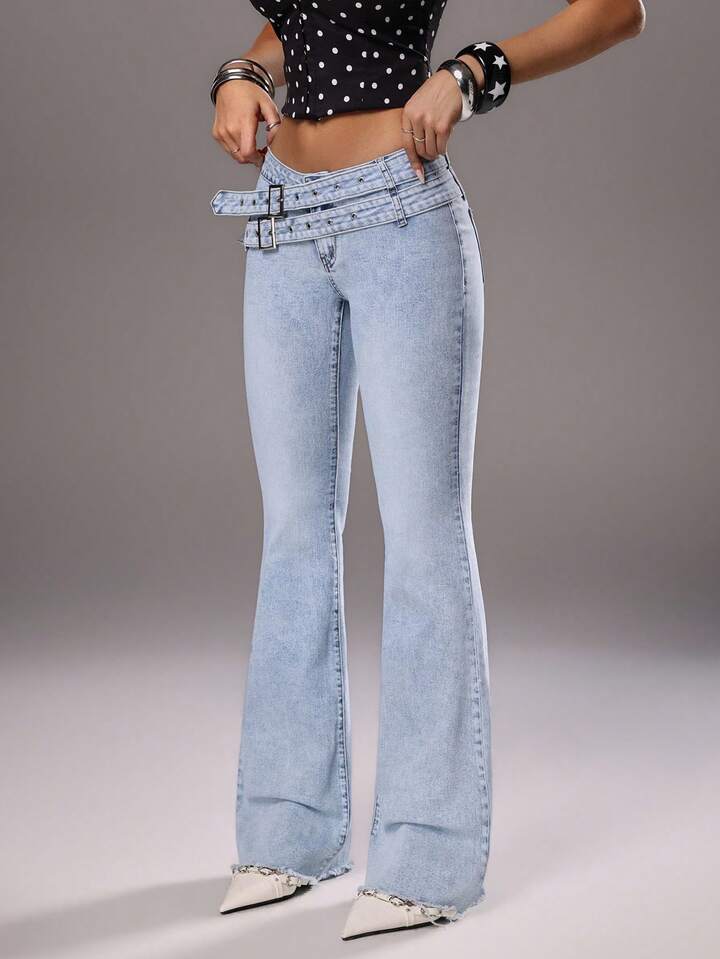 CM-BS561951 Women Casual Seoul Style Light Wash Decorative Belt Low Waist Flare Jeans