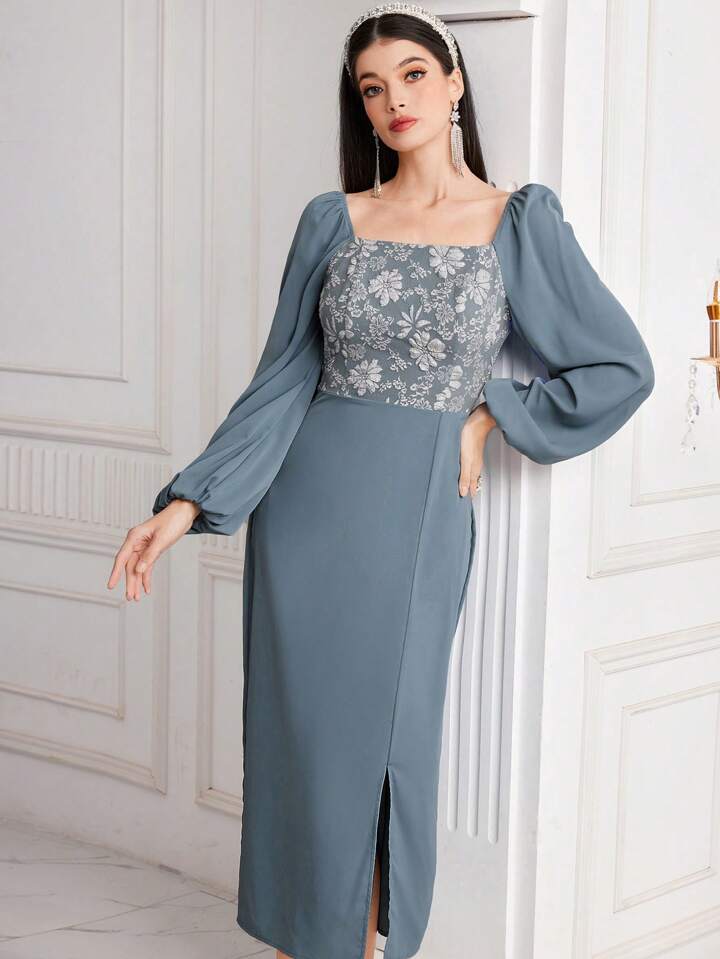 CM-DS952331 Women Casual Seoul Style Jacquard Patchwork Split Hem Lantern Sleeve Dress