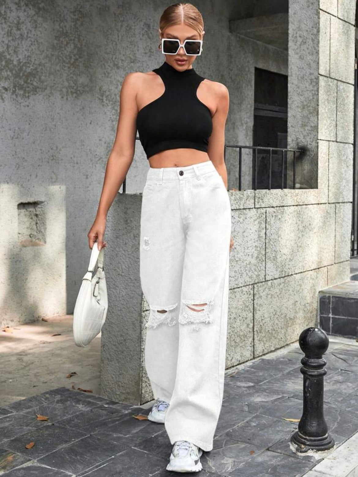 CM-BS488747 Women Casual Seoul Style High Waist Distressed Wide Leg Loose Denim Jeans - White