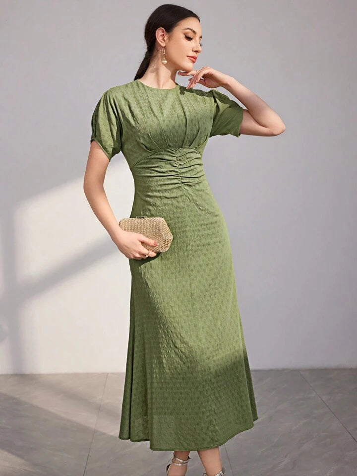 CM-DS764766 Women Elegant Seoul Style Round Neck Short Sleeve Pleated Waist Dress - Green