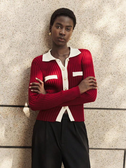 CM-CS143430 Women Casual Seoul Style Collar Neckline Long Sleeve Colorblock Knitted Sweater - Red