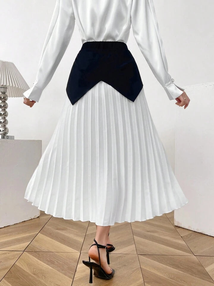 CM-BS695561 Women Elegant Seoul Style Color Block Pleated A-Line Long Skirt