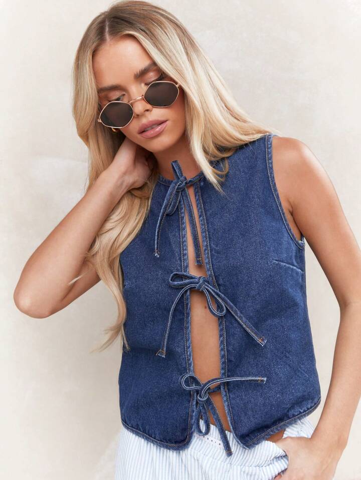 CM-TS990542 Women Casual Seoul Style Tie Detail Open Front Sleeveless Denim Top - Blue