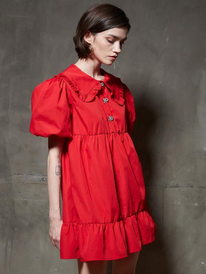 CM-DS665783 Women Elegant Seoul Style Peter Pan Collar Short Puff Sleeve Dress - Red