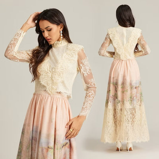 CM-SY002944 Women Elegant European Style Stand Collar Long Sleeve Lace Top With High Waist Long Skirt - Set (Availability in 2 colors)