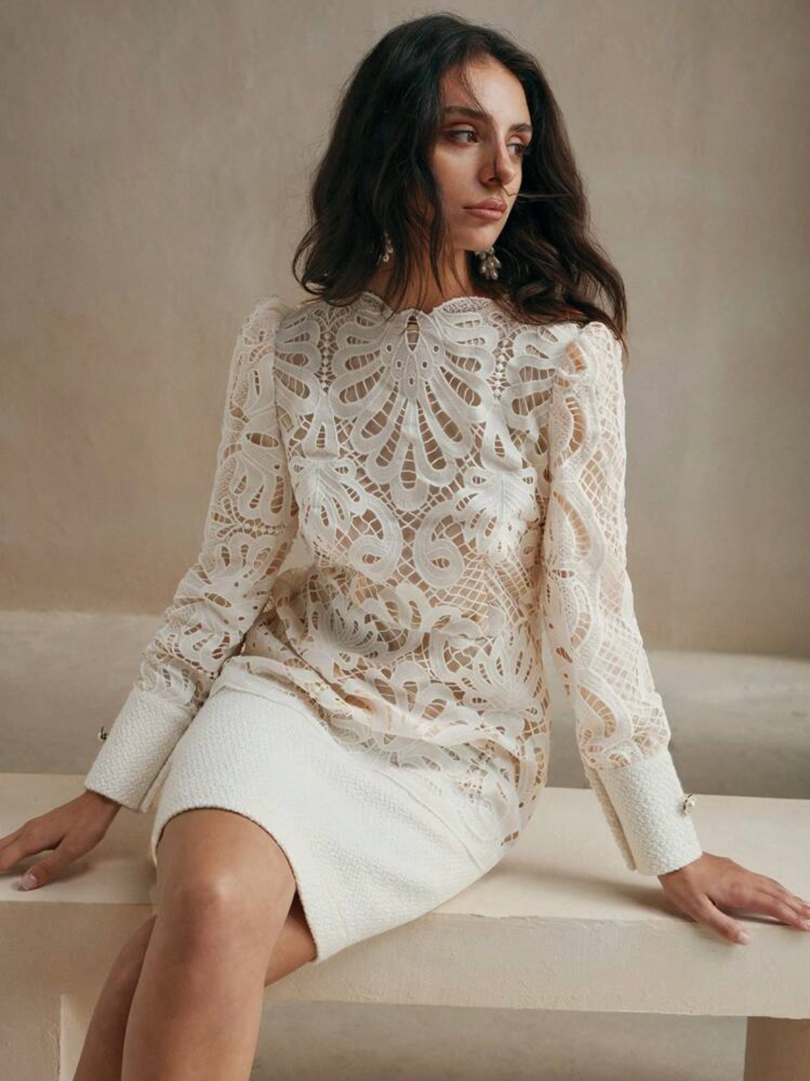 CM-DS483514 Women Elegant Seoul Style Stand Collar Long Sleeve Lace Patchwork Cheongsam Dress - White
