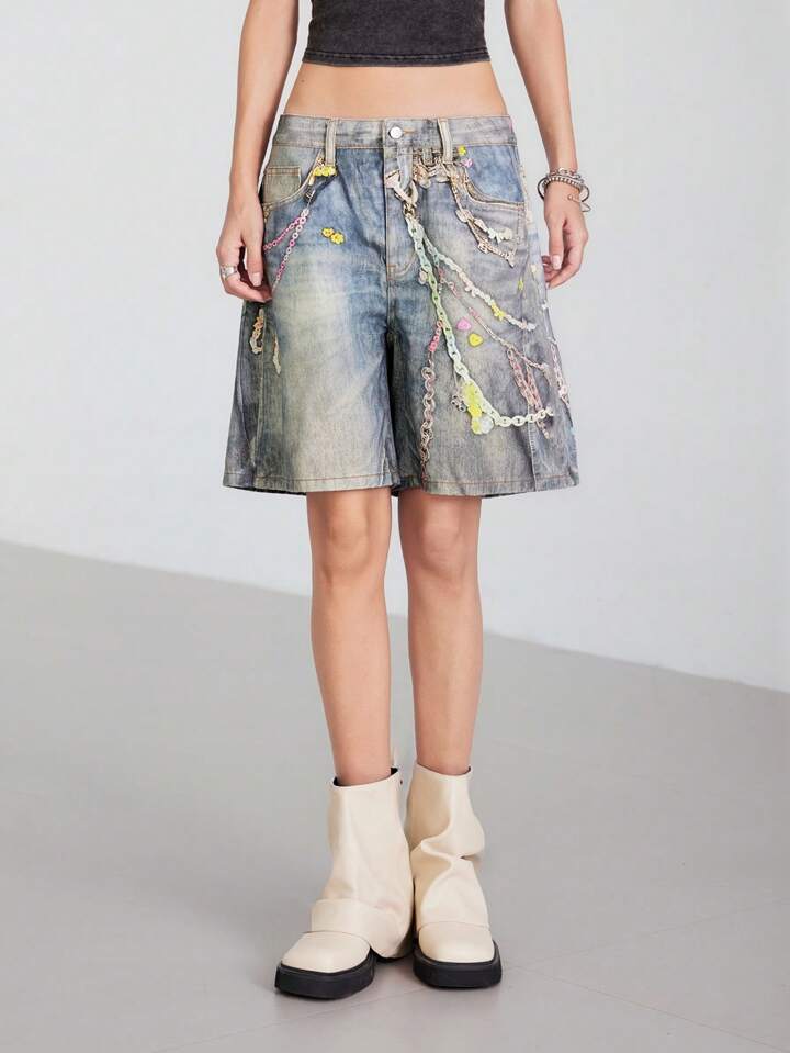 CM-BS211137 Women Casual Seouol Style Low Waist Washed Chain Printed Loose Denim Shorts - Blue