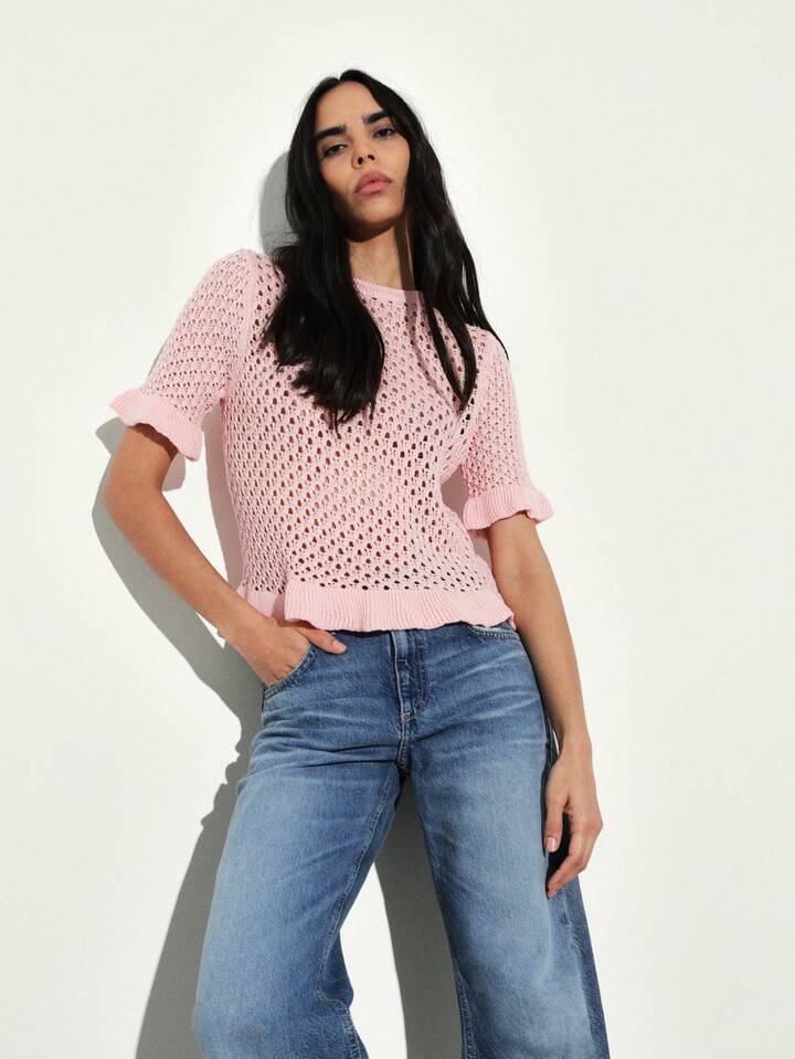 CM-TS524520 Women Casual Seoul Style Round Neck Ruffled Short Sleeve Frilled Edges Crochet Knit Top - Pink