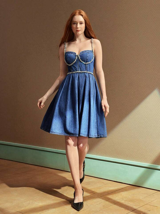 CM-DS808228 Women Elegant Seoul Style Rhinestone Chain Design Sleeveless Denim Mini Dress - Blue