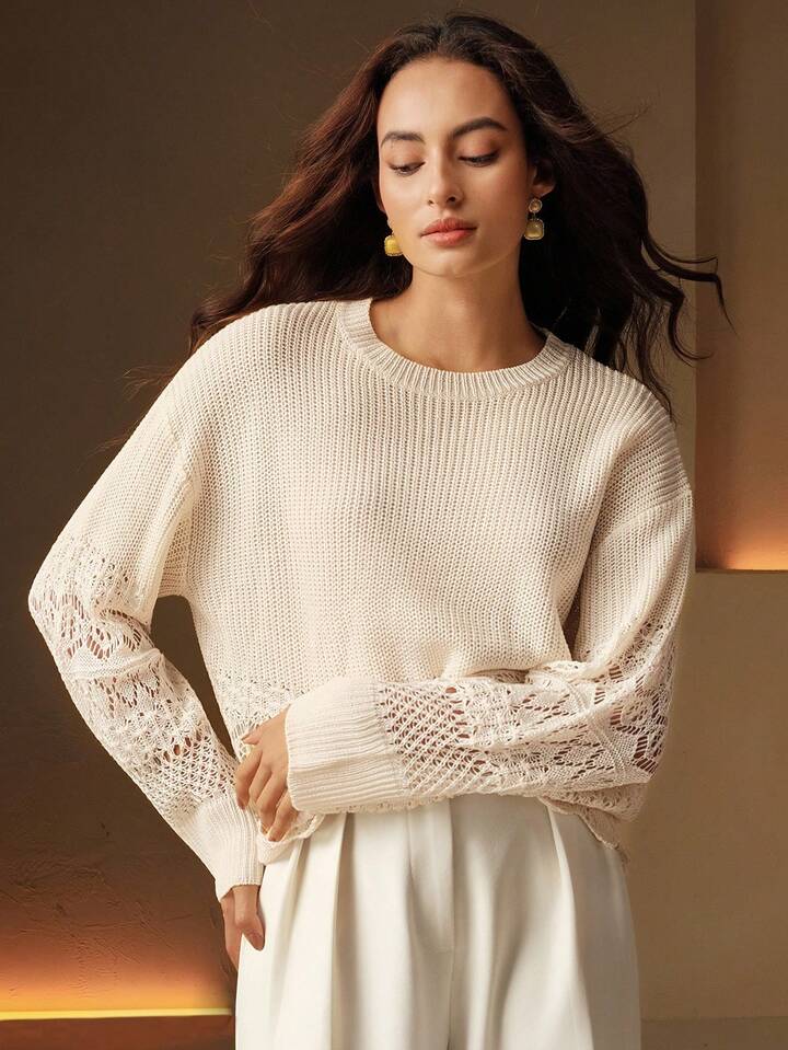CM-CS169159 Women Elegant Seoul Style Solid Color Hollow Out Pattern Long Sleeve Knit Pullover Sweater - Beige