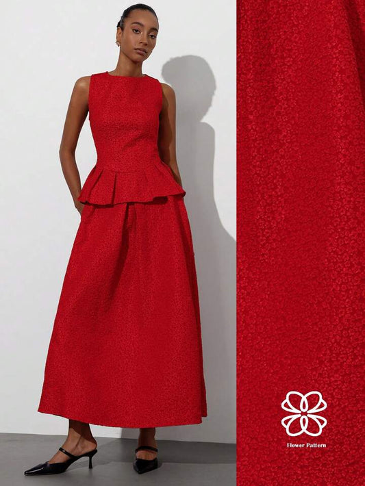 CM-SS678805 Women Elegant Seoul Style Sleeveless Jacquard Top With Layered Waist Detail Extra Long Skirt - Set