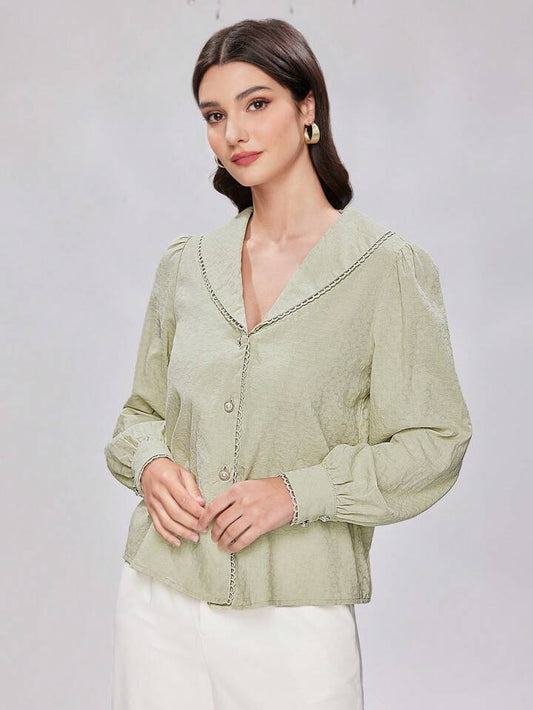 CM-TS417932 Women Elegant Seoul Style Shawl collar Lantern Sleeve Shirt - Green