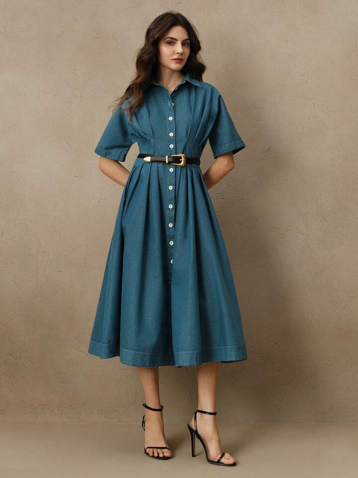 CM-DS203055 Women Elegant Seoul Style Shirt Collar Batwing Sleeve High Waist A-Line Denim Dress - Blue