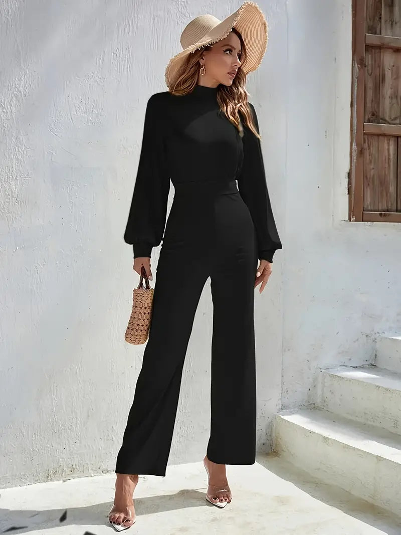 CM-JT186990 Women Elegant Seoul Style Mock Neck Backless Lantern Sleeve Wide Leg Jumpsuit