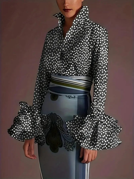 CM-TT029294 Women Elegant Seoul Style Lapel Neckline Polka Dot Print Long Sleeve Shirt