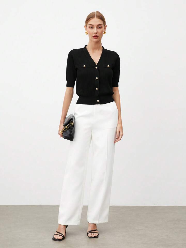 CM-TS542105 Women Casual Seoul Style V-Neck Short Sleeve Button Front Knit Blouse - Black