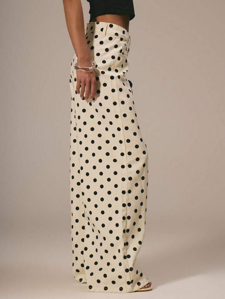 CM-BS299465 Women Casual Seoul Style Polka Dot Denim Straight Leg Mid Rise Jeans - Apricot