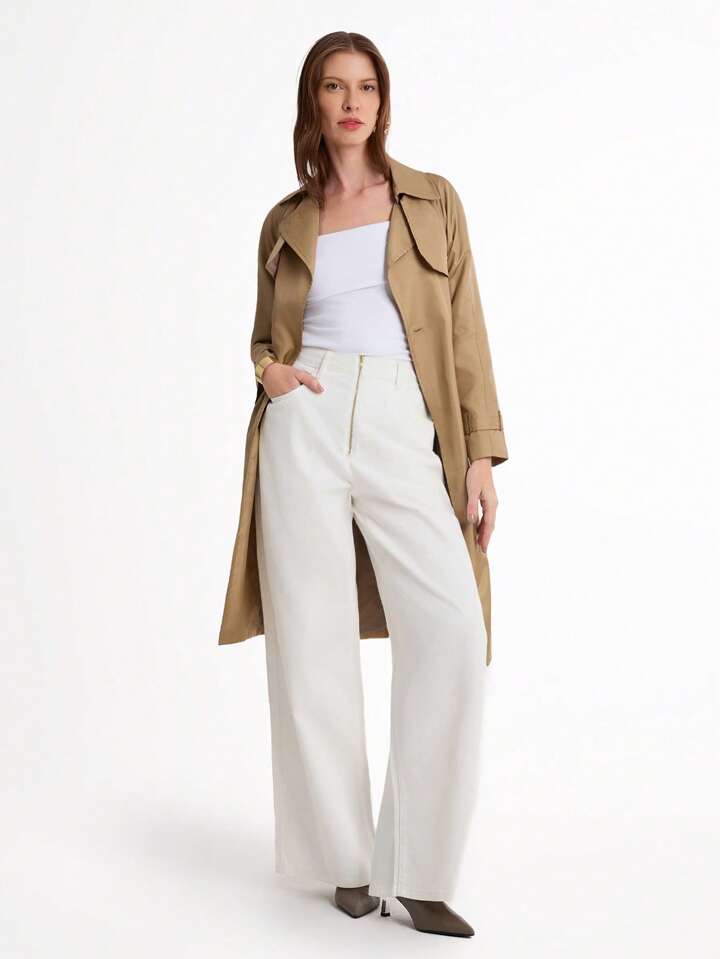 CM-BS771236 Women Casual Seoul Style High Waist Extra Long Denim Straight Leg Pants - White