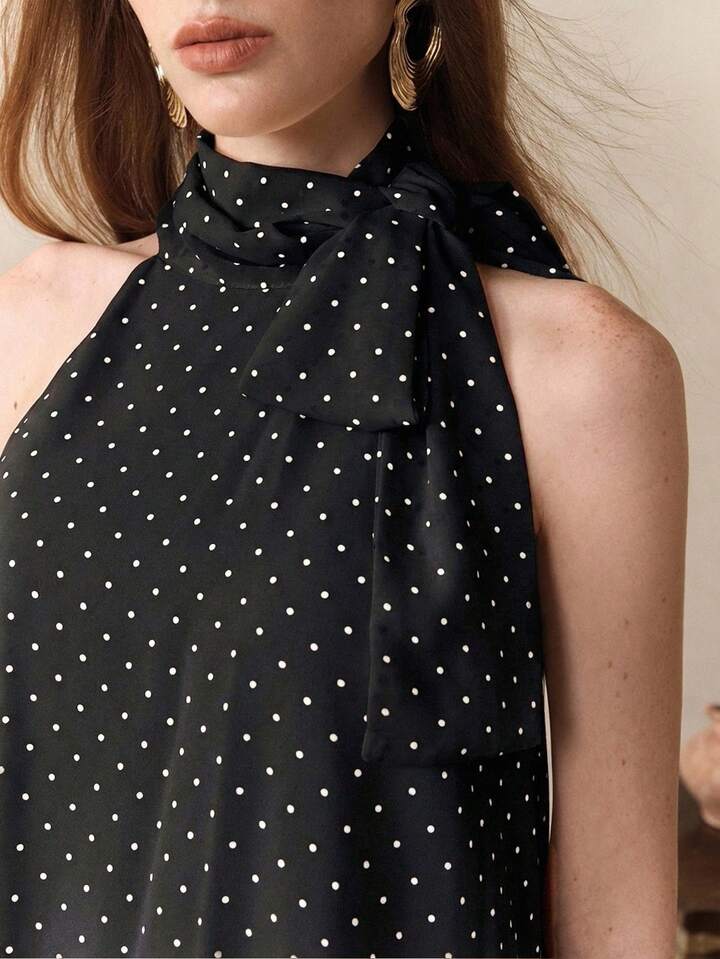 CM-BS501944 Women Trendy Bohemian Style Chiffon Polka Dot Print Sleeveless Halter Neck Top With Skirt - Set