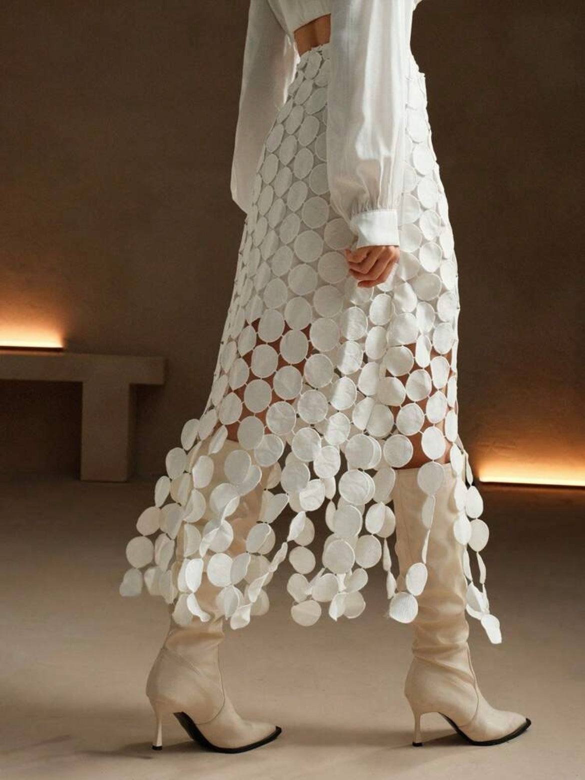 CM-BS296869 Women Trendy Bohemian Style Laser Cut Multi Circle Double Layered Maxi Skirt - White