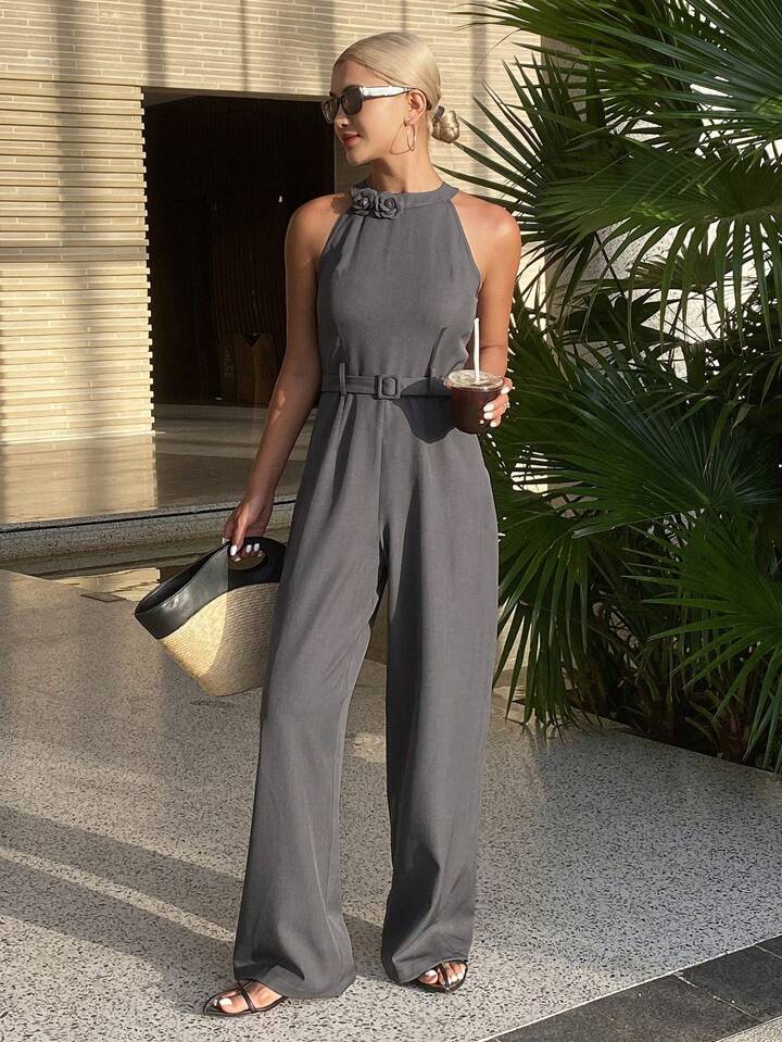 CM-JS324365 Women Elegant Seoul Style Halter Neck Cinched Waist Wide Leg Jumpsuit - Gray