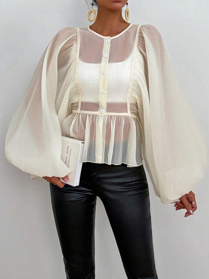 CM-TS530029 Women Casual Seoul Style Round Neck Mesh Lantern Sleeve Blouse - Apricot