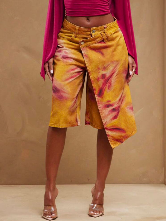 CM-BS733636 Women Casual Seoul Style Mid Waist Crossover Tie Dye Skirt Loose Baggy Denim Short