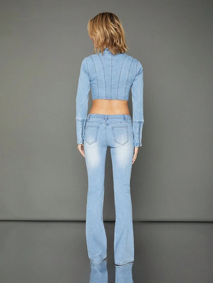 CM-BS548654 Women Casual Seoul Style Drop Waist Skinny Bootcut Denim Jeans - Blue