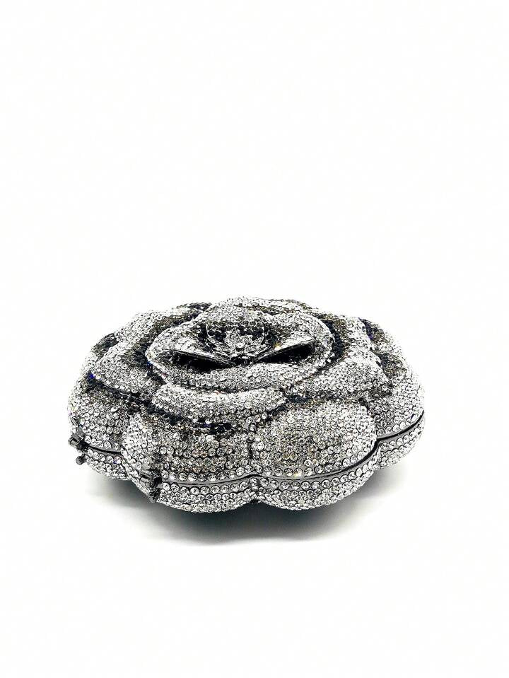 CM-BGS087877 Women Elegant Seoul Style Floral Design Rhinestone Crystal Handmade Clutch Bag - Black