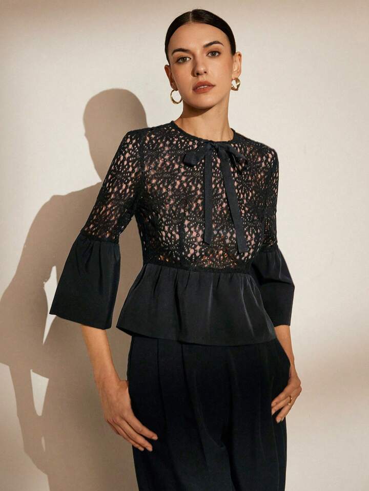 CM-TS701051 Women Casual Seoul Style Hollow Out Embroidery Patchwork Ruffle Sleeve Shirt