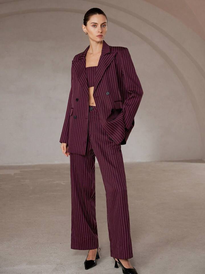 CM-SS233695 Women Elegant Seoul Stripe Print Double Button Long Sleeve Jacket And Pants Suit With Inner Cami - Set