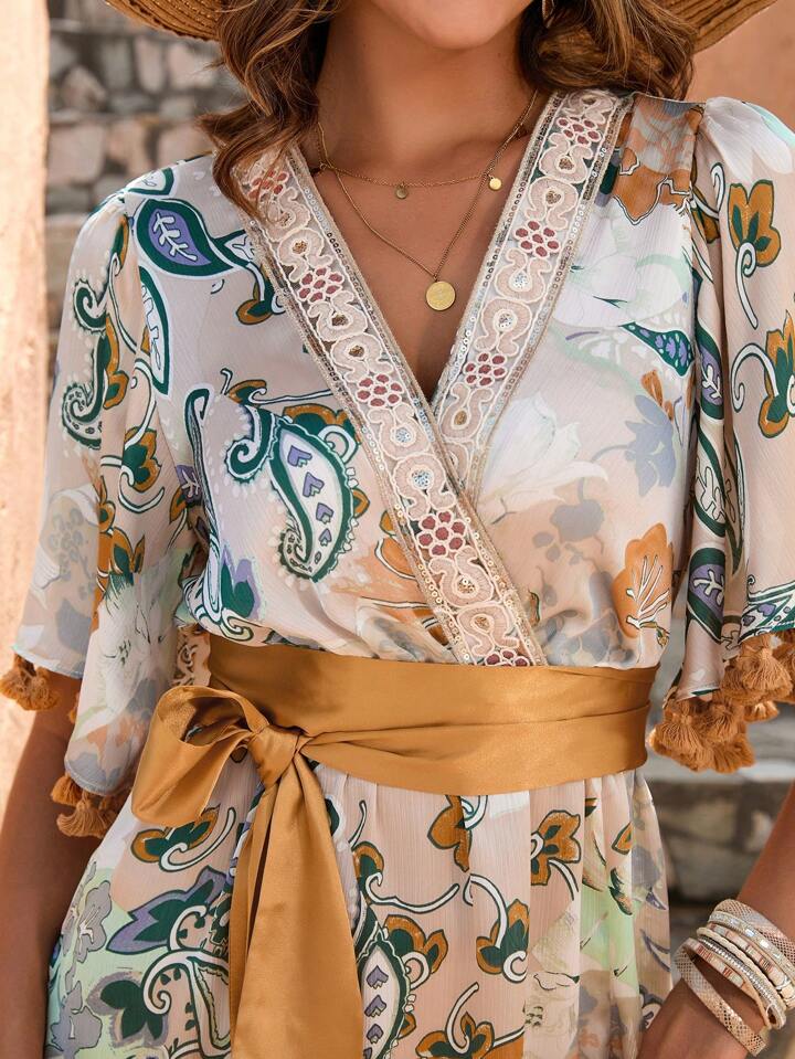 CM-DS080720 Women Trendy Bohemian Style V-Neck Paisley Print Fringed Hem Belted Dress - Apricot