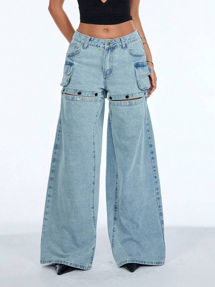 CM-BS743441 Women Casual Seoul Style Mid Waist Solid Color Wide-Leg Hollow Out Pocket Jeans - Blue