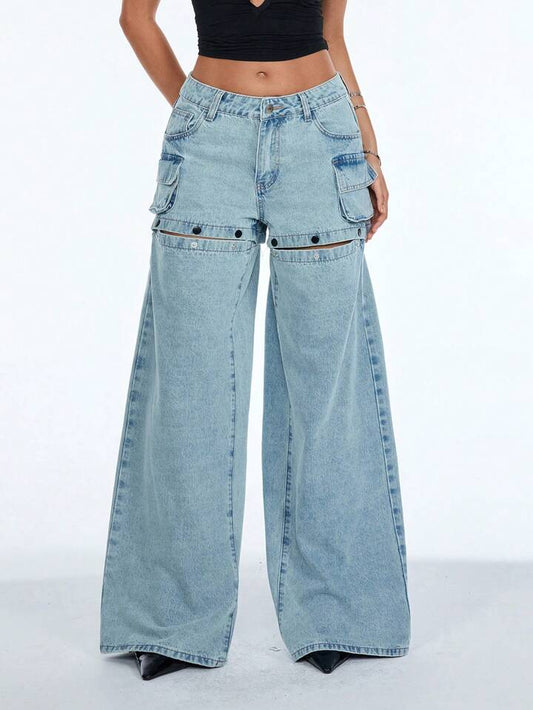 CM-BS743441 Women Casual Seoul Style Mid Waist Solid Color Wide-Leg Hollow Out Pocket Jeans - Blue