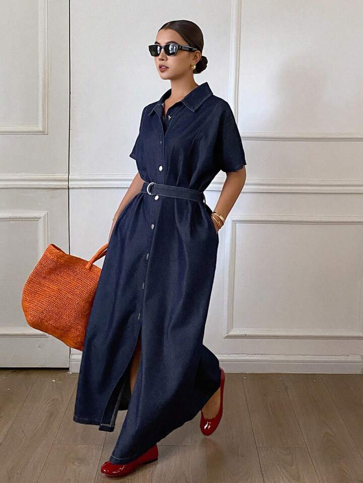 CM-DS949038 Women Casual Seoul Style Collared Waist Cinched Short Sleeve Oversized Denim Dress - Blue