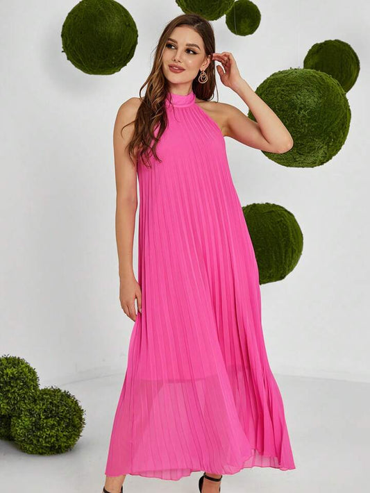 CM-DS373674 Women Casual Seoul Style Halter Neck Off Shoulder Pleated Maxi Dress - Hot Pink