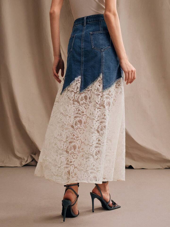 CM-BS740722 Women Casual Seoul Style Mid Waist Glitter Lace Mermaid Maxi Denim Skirt - Blue