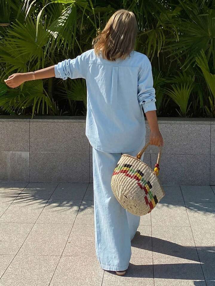 CM-SS661802 Women Casual Seoul Style Collared Long Sleeve Loose Denim Shirt With Straight-Leg Pants - Set