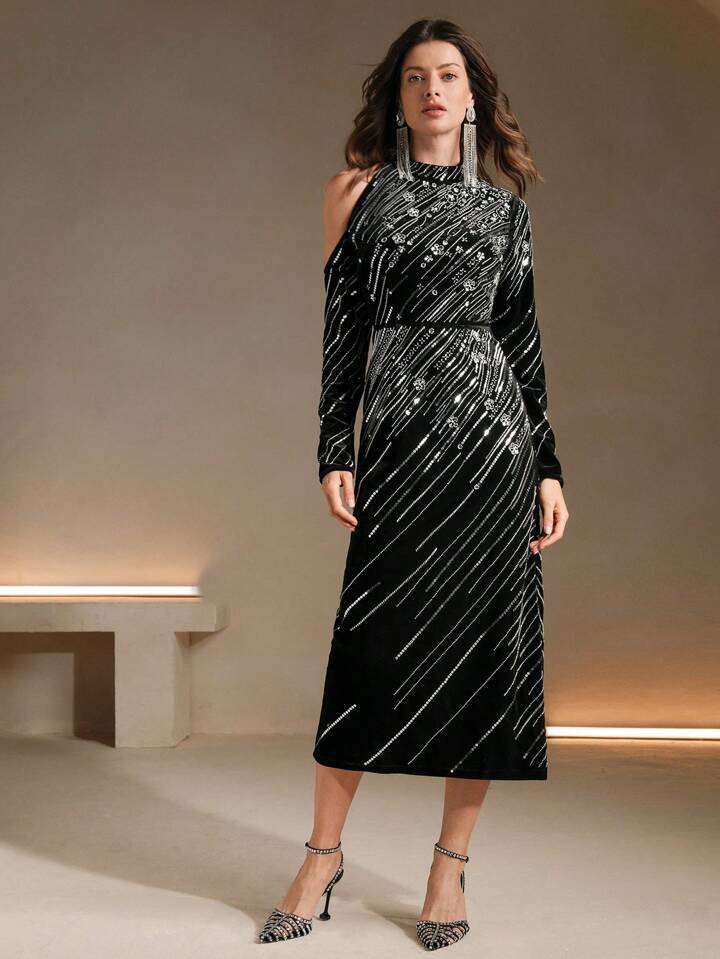 CM-DS045644 Women Elegant Seoul Style Stand Collar Off Shoulder Long Sleeve Fitted Sequin Embellished Dress