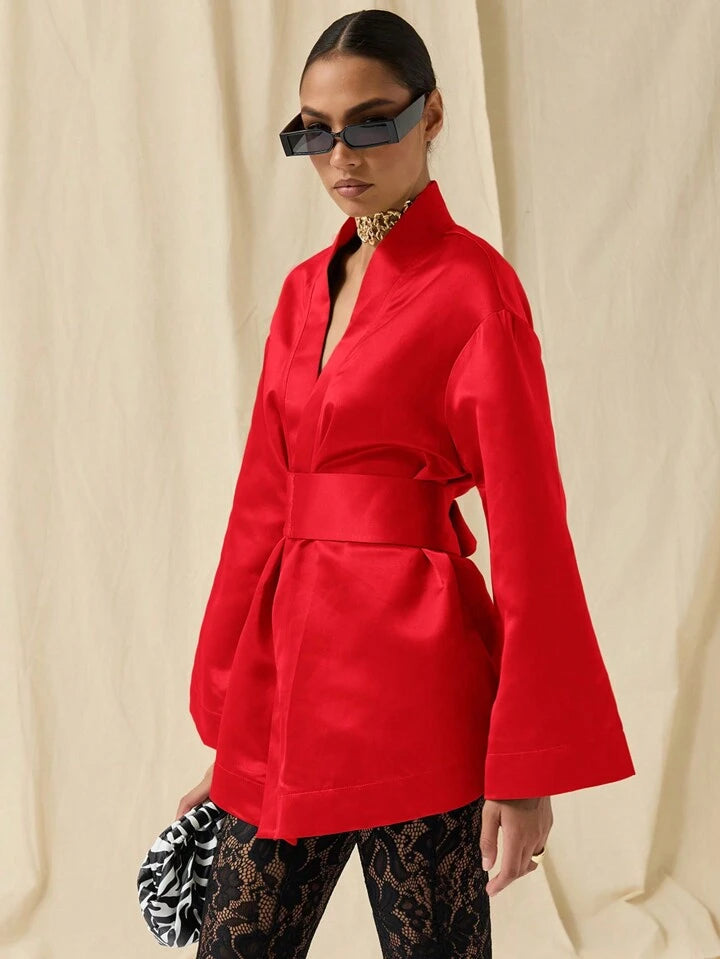 CM-DS752680 Women Elegant Seoul Style Solid Color Deep V-Neck Bell Sleeve Mini Dress - Red