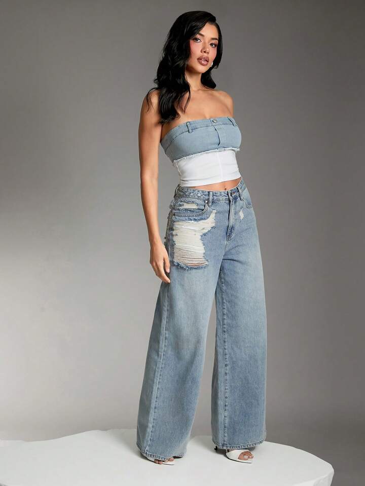 CM-BS623400 Women Casual Seoul Style Light Wash Shredded Wide Leg Denim Jeans