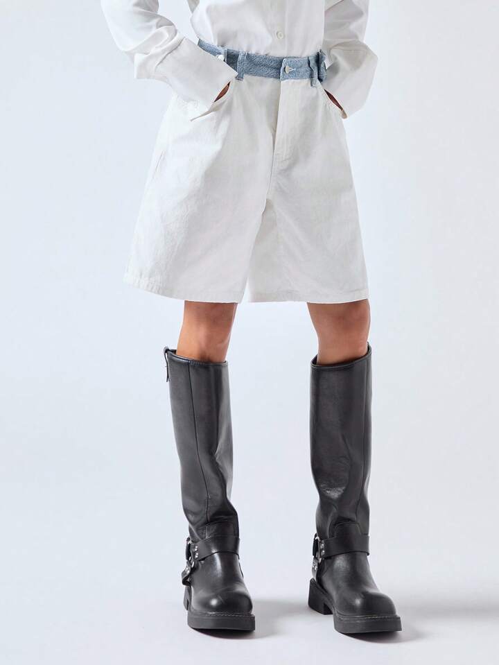 CM-BS011632 Women Casual Seoul Style Low Waist Contrast Loose Mid-Length Wide Leg Denim Short Pants
