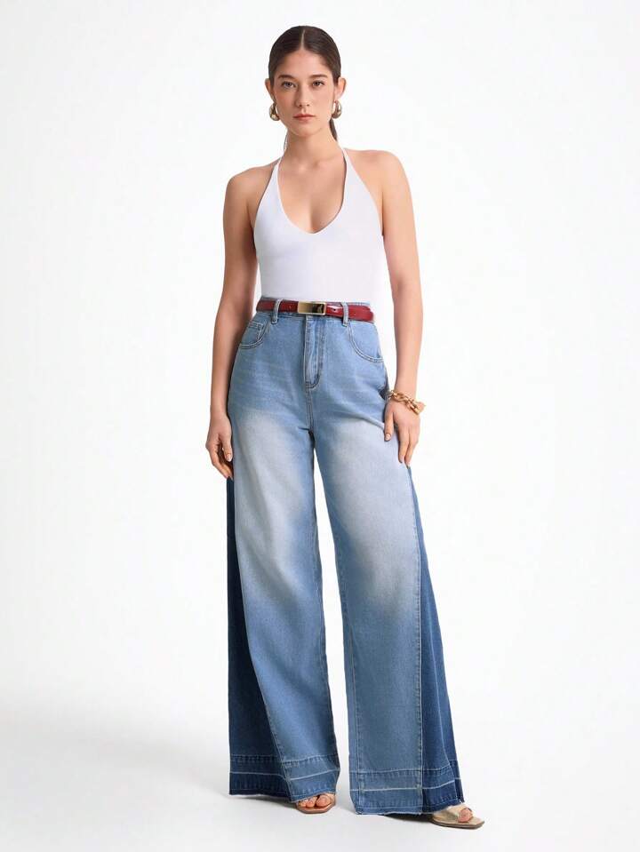 CM-BS921404 Women Casual Seoul Style Light Wash Pockets Design Loose Split Wide-Leg Jeans