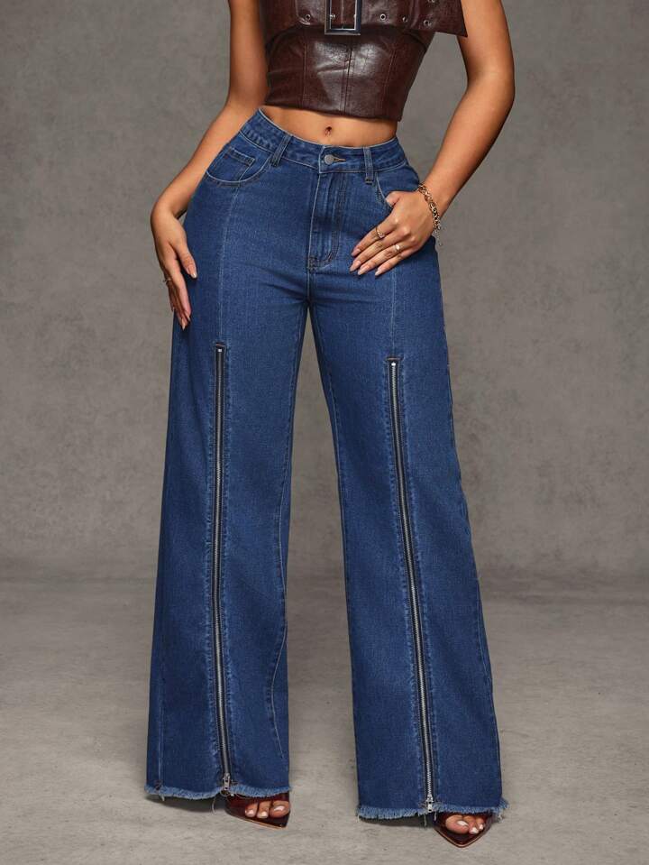 CM-BS131008 Women Casual Seoul Style Zipper Pocket Loose Wide Leg Jeans - Blue