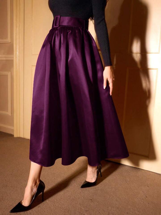 CM-BS562519 Women Elegant Seoul Style Ultra High Waist Satin Flared Hem A-Line Skirt - Purple