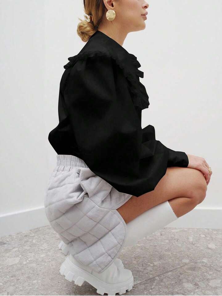 CM-TS789662 Women Elegant Seoul Style Solid Color Peter Pan Collar Bishop Sleeve Ruffle Detail Long Sleeve Blouse